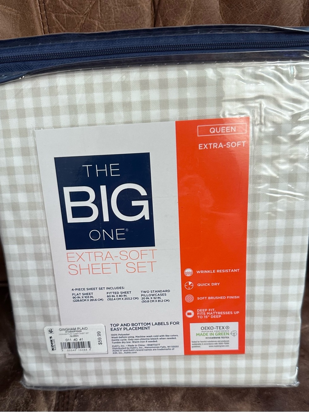 The Big One Queen Extra-Soft Sheet Set - Light Beige & White Gingham NEW